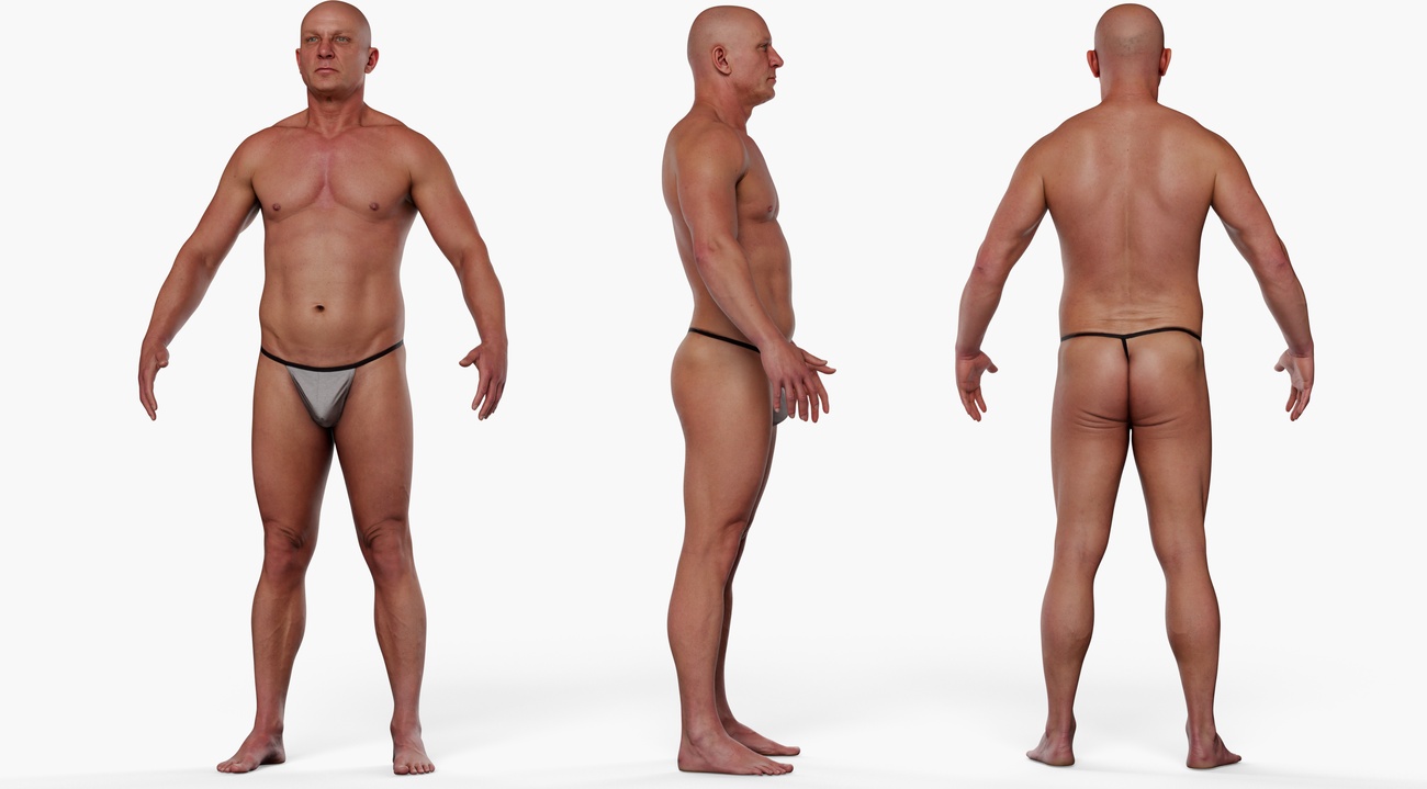 Full body 3D scan of a heavy-set stocky male, retopologised quad mesh with PBR textures, front and side views